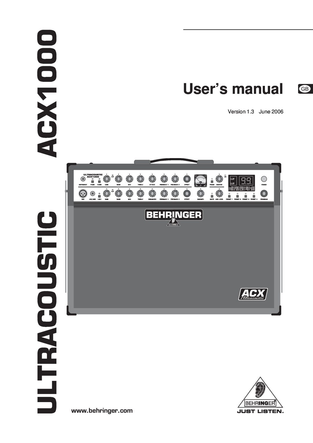 Behringer ACX1000 manual Ultracoustic, User’s manual 