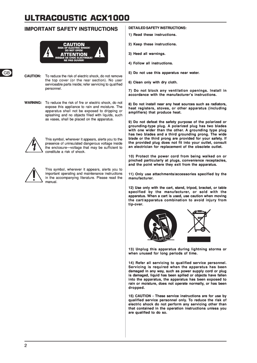 Behringer ULTRACOUSTIC ACX1000, Important Safety Instructions, DETAILED SAFETY INSTRUCTIONS 1 Read these instructions 