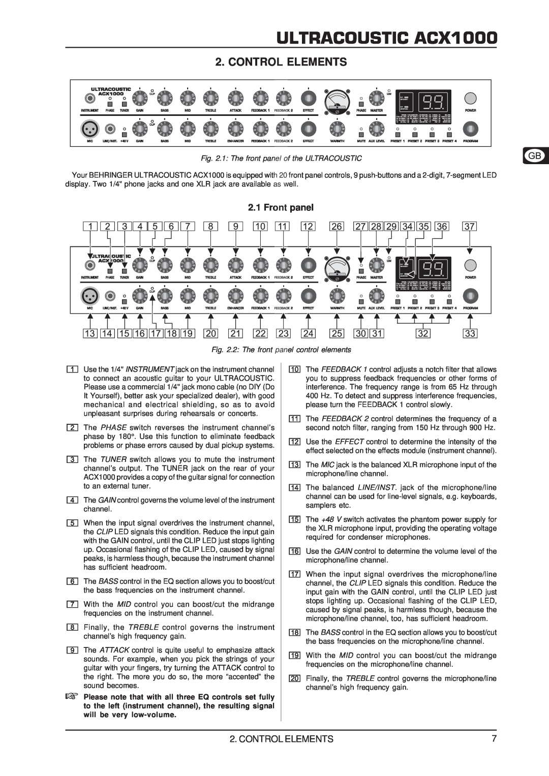 Behringer manual Control Elements, Front panel, ULTRACOUSTIC ACX1000, 1 The front panel of the ULTRACOUSTIC 