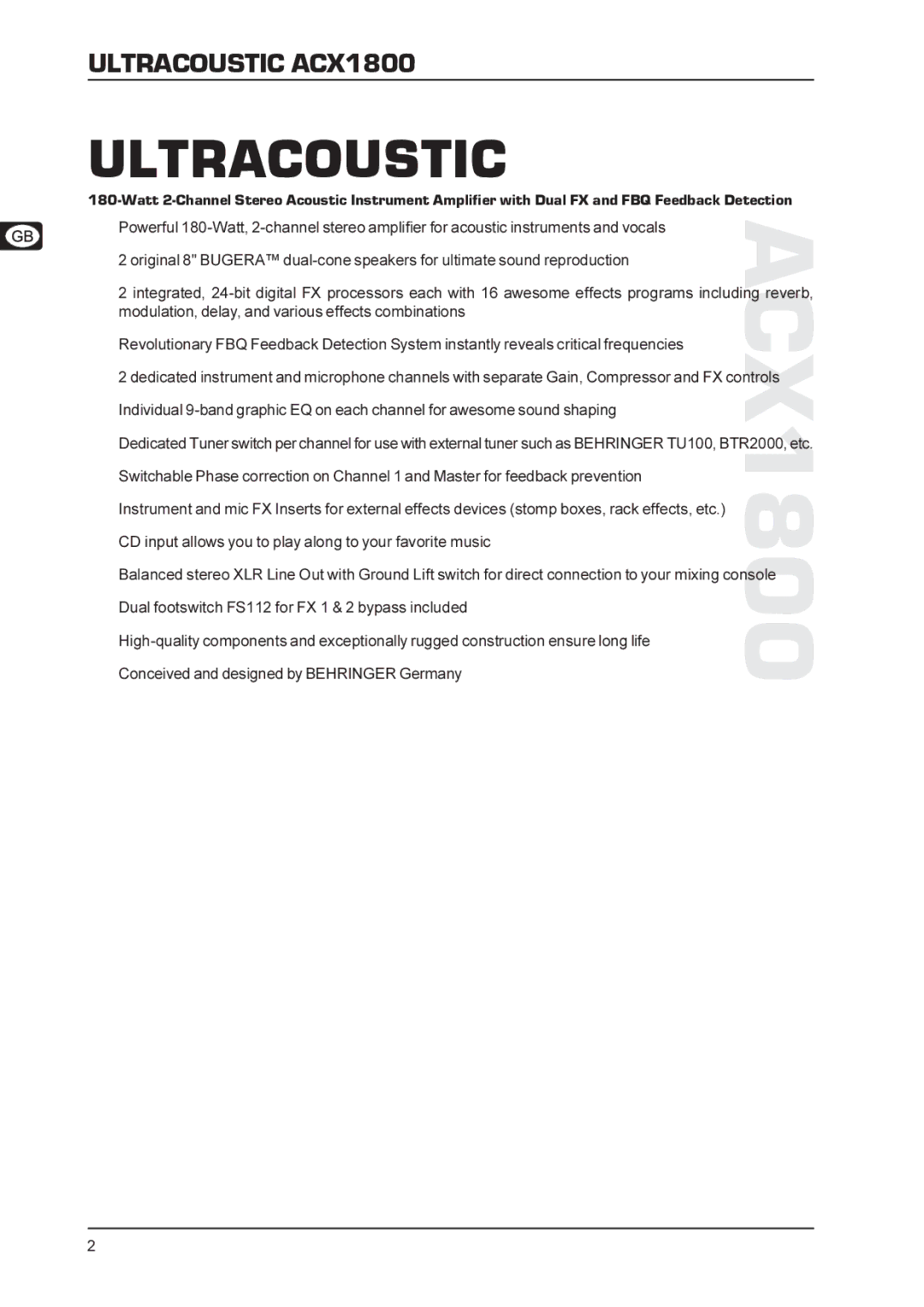 Behringer technical specifications Ultracoustic ACX1800 