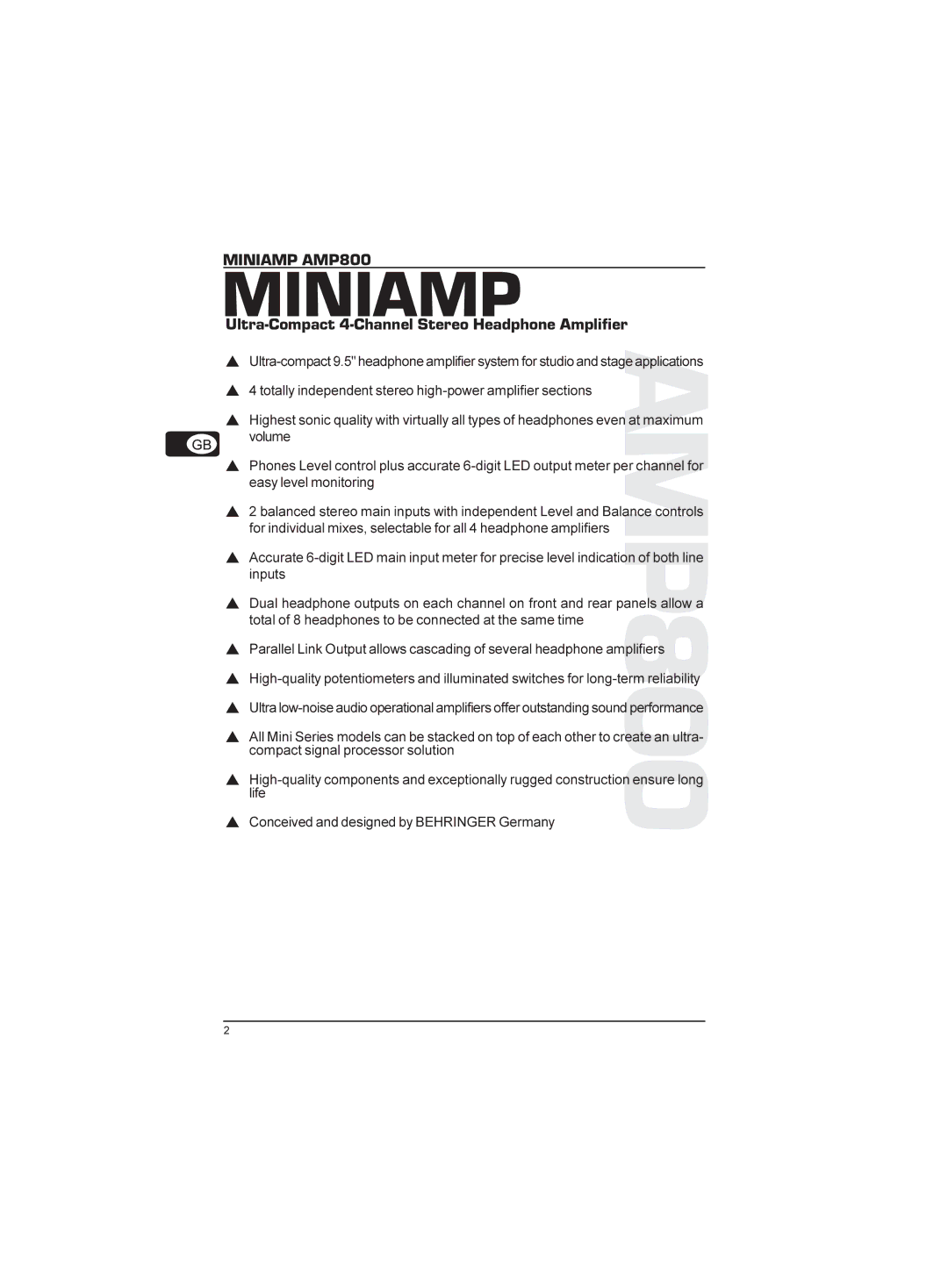 Behringer AMP800 technical specifications Miniamp, Ultra-Compact 4-Channel Stereo Headphone Amplifier 