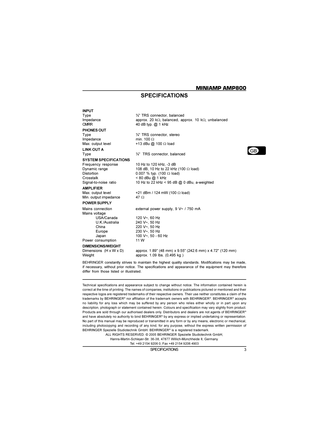 Behringer AMP800 technical specifications Specifications 