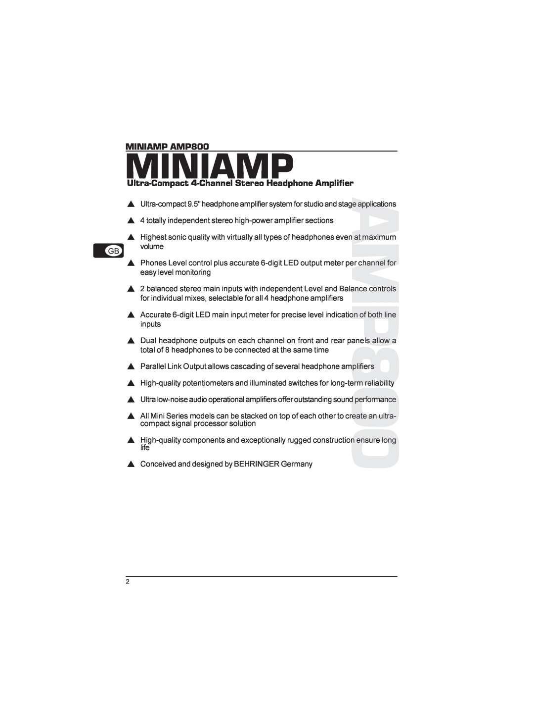 Behringer technical specifications MINIAMP AMP800, Ultra-Compact 4-ChannelStereo Headphone Amplifier, Miniamp 