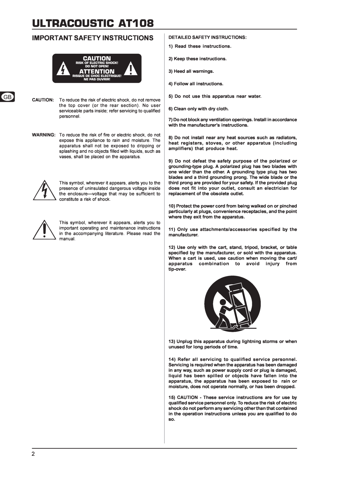 Behringer manual ULTRACOUSTIC AT108, Important Safety Instructions 