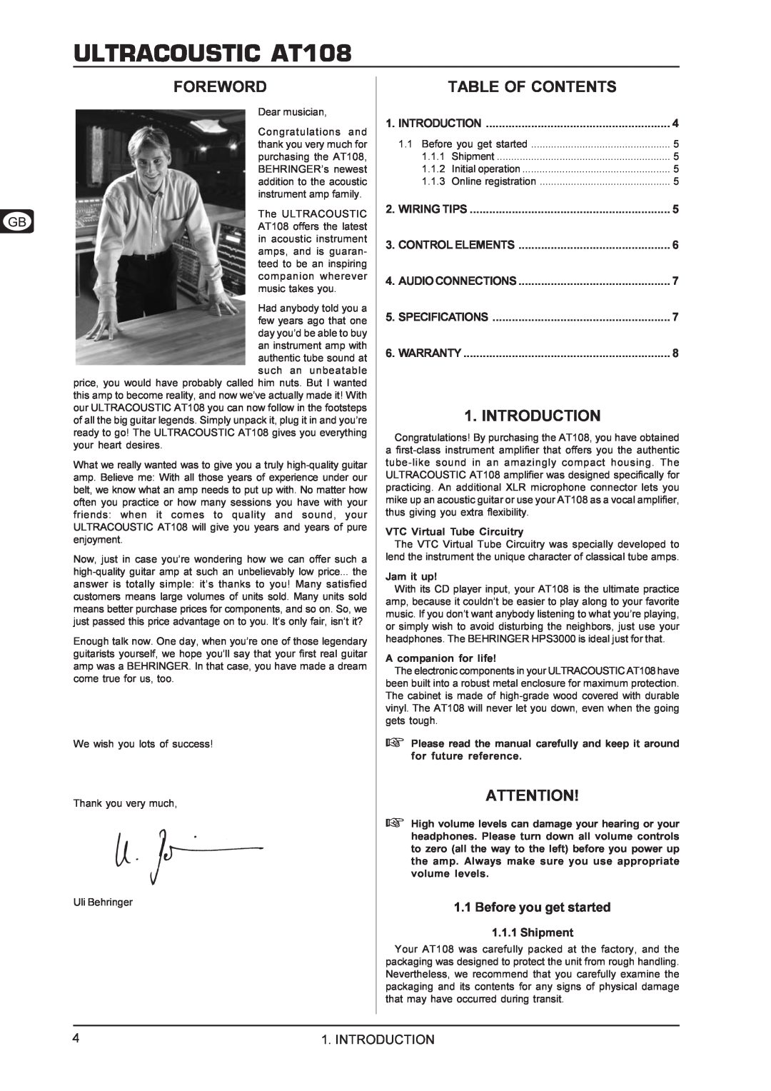 Behringer manual Foreword, Table Of Contents, Introduction, ULTRACOUSTIC AT108, 1.1Before you get started 