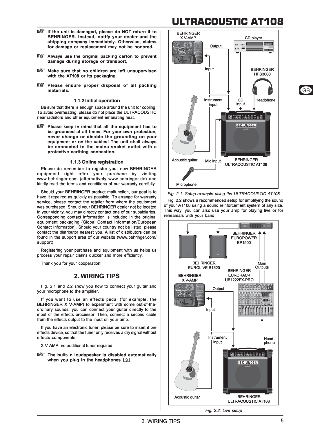 Behringer manual Wiring Tips, ULTRACOUSTIC AT108, 2 Live setup 