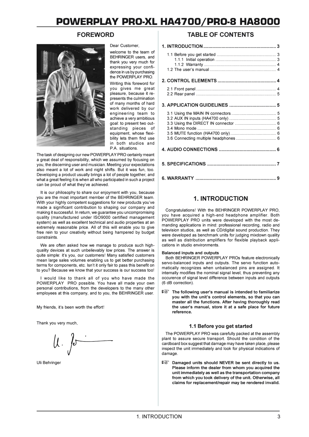 Behringer Autocom PRO-XL MDX1600, Composer PRO-XL MDX2600, Multicom MDX4600 Foreword, Table of Contents, Introduction 