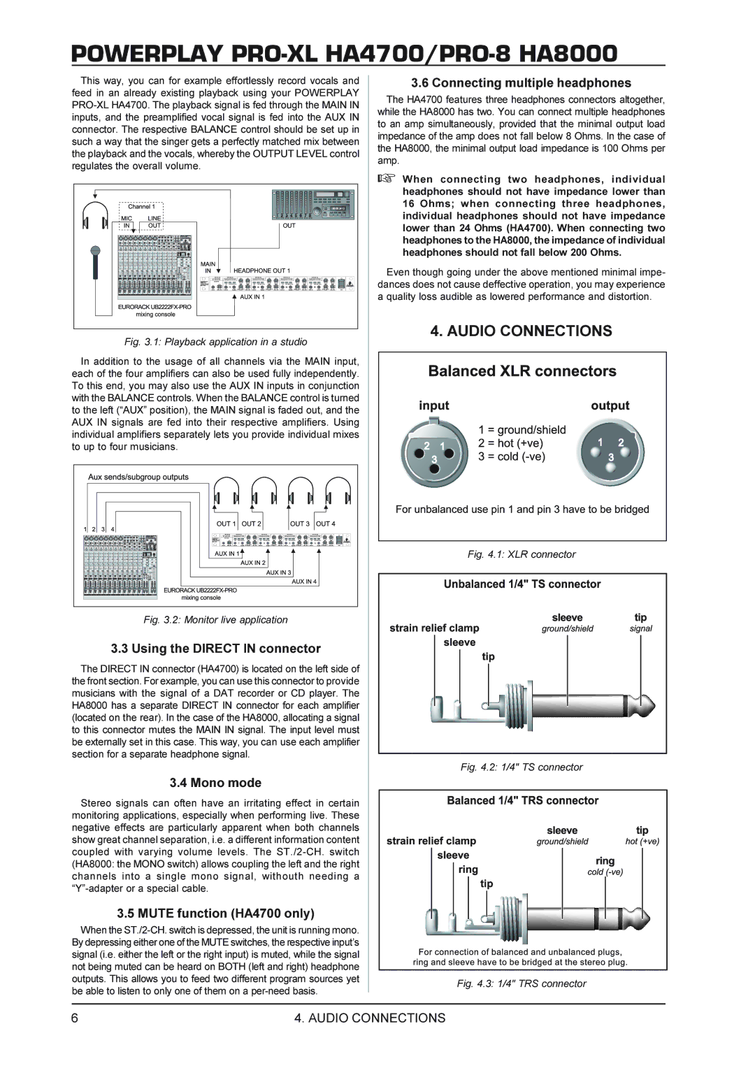 Behringer HA4700, HA8000 manual Audio Connections, Using the Direct in connector, Mono mode, Mute function HA4700 only 
