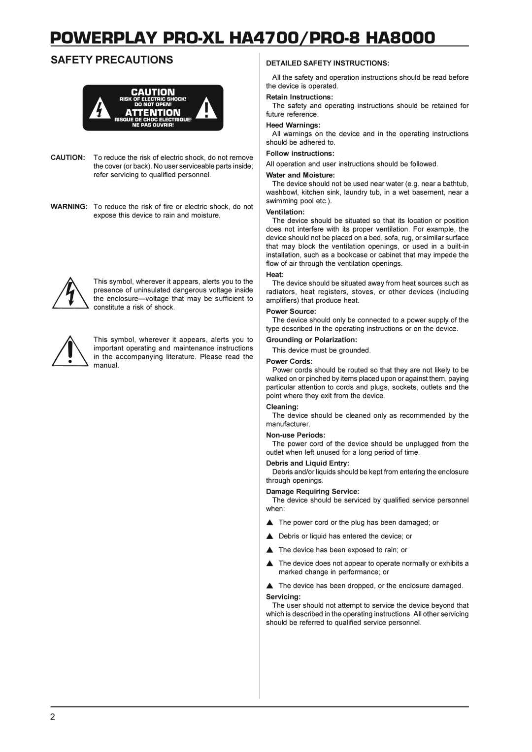 Behringer HA4700, HA8000 manual POWERPLAY PRO-XL HA4700/PRO-8HA8000, Safety Precautions 