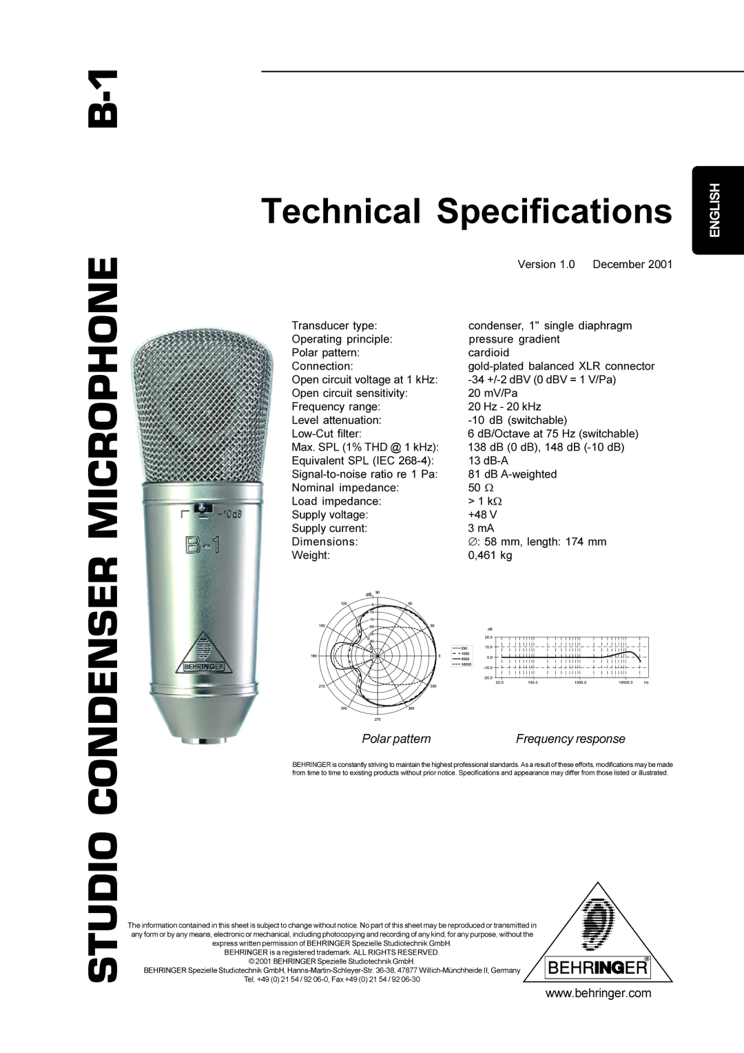 Behringer B-1 technical specifications Studio, Technical Specifications, Condenser, Polar pattern Frequency response 