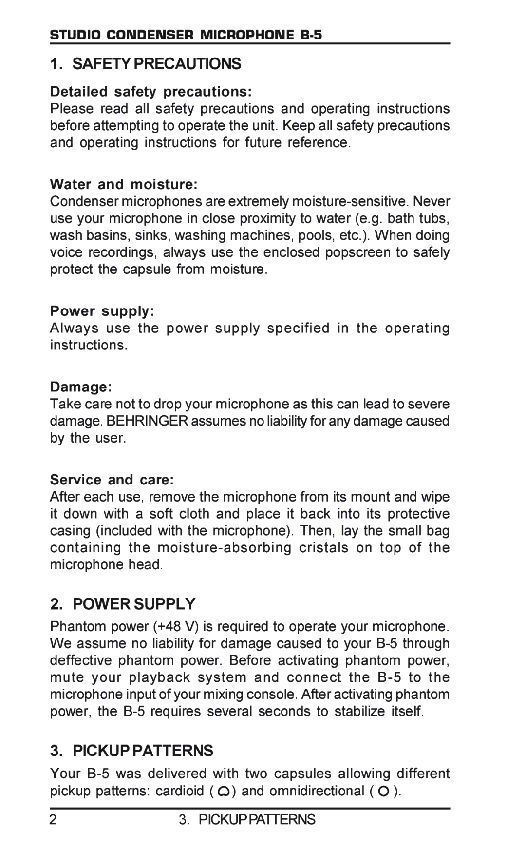 Behringer B-5 manual Safety Precautions, Power Supply, Pickup Patterns 