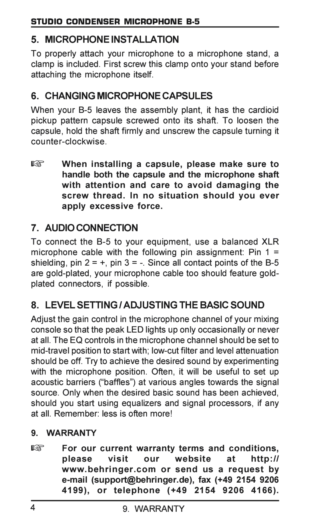 Behringer B-5 manual Microphone Installation, Changing Microphone Capsules, Audio Connection 