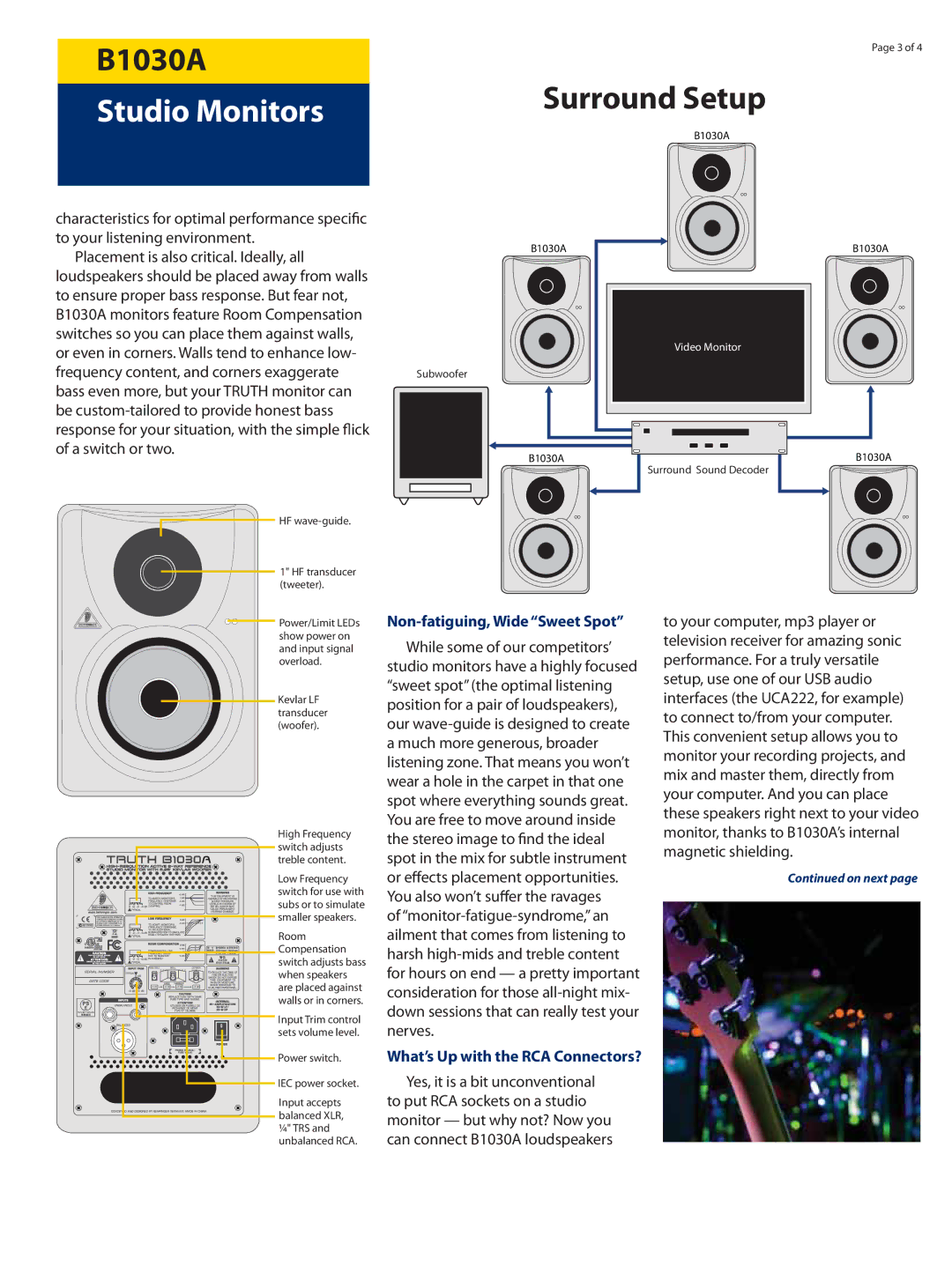 Behringer B1030A manual Non-fatiguing, Wide Sweet Spot, Video Monitor 