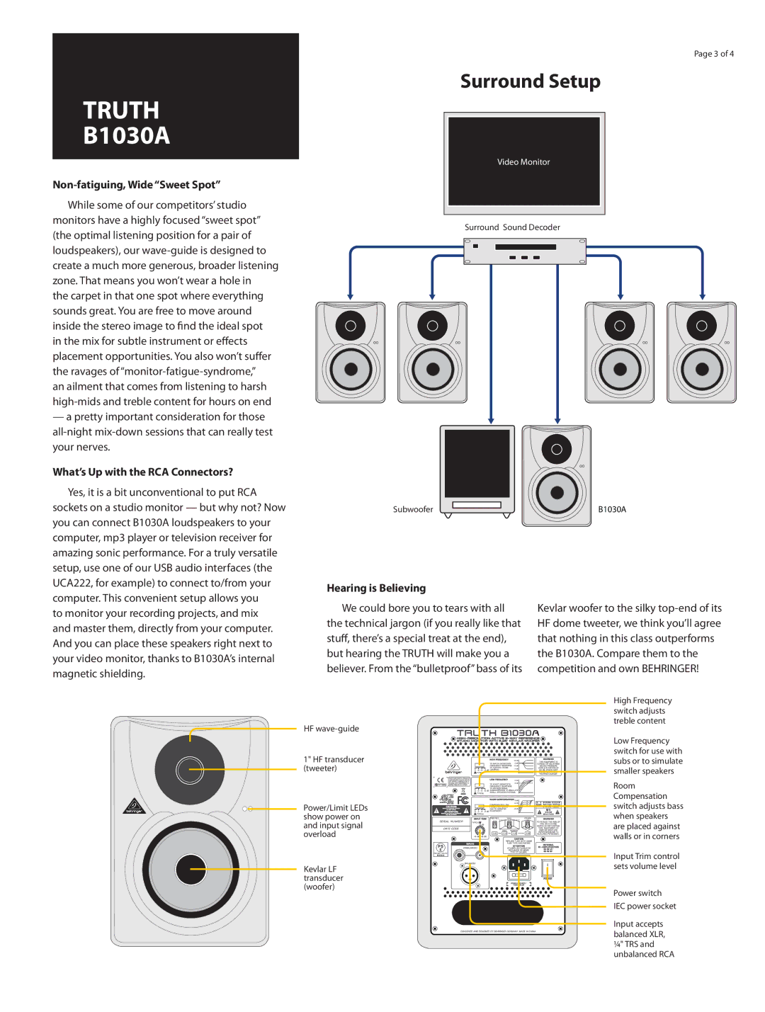 Behringer B1030A manual Non-fatiguing, Wide Sweet Spot, What’s Up with the RCA Connectors?, Hearing is Believing 