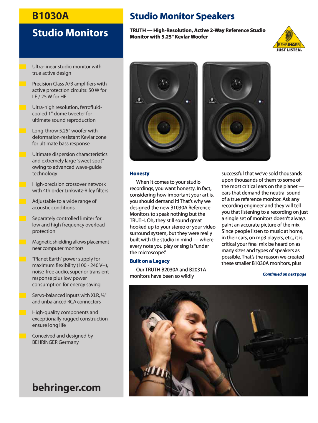 Behringer manual TRUTH B1030A, TRUTH - High-Resolution, Honesty, Built on a Legacy, Years of R’n’D, Studio Monitors 