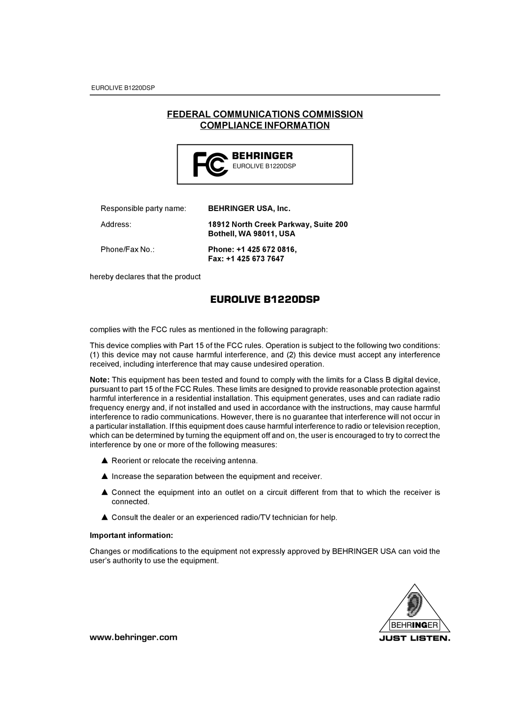 Behringer user manual EUROLIVEB1220DSP 