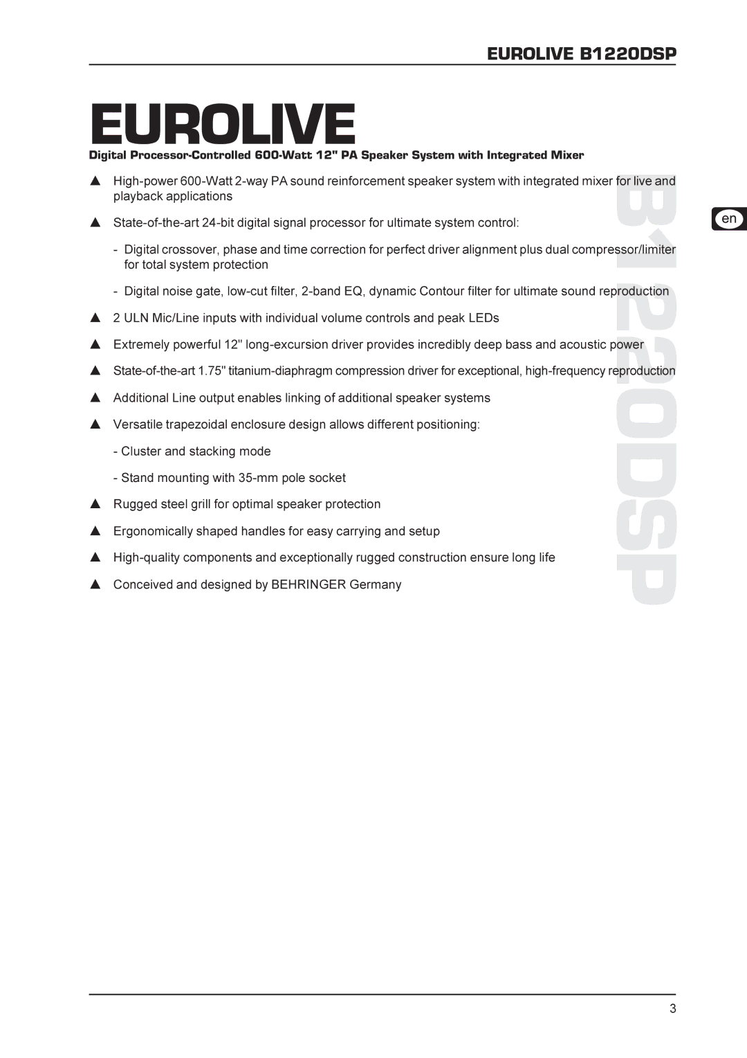 Behringer B1220DSP user manual Eurolive 