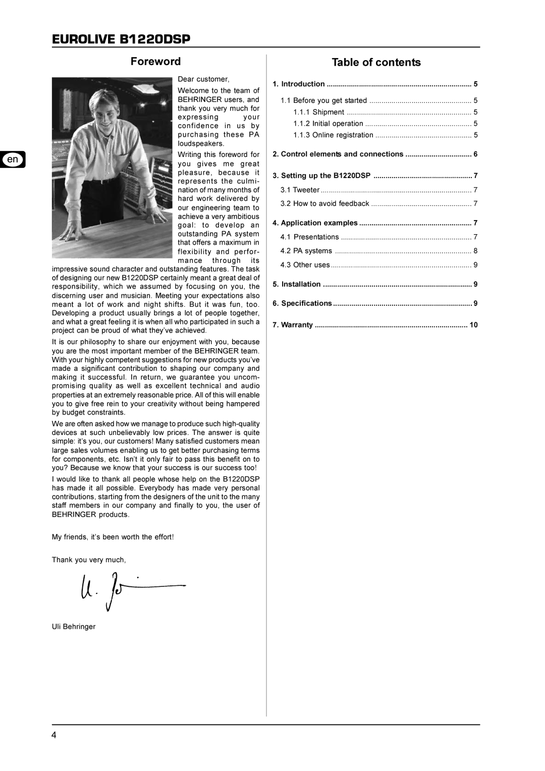 Behringer B1220DSP user manual Foreword, Table of contents 