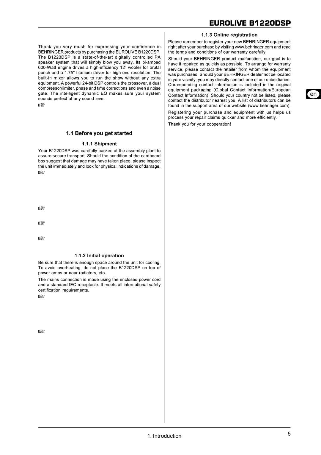 Behringer B1220DSP user manual Introduction, Before you get started 