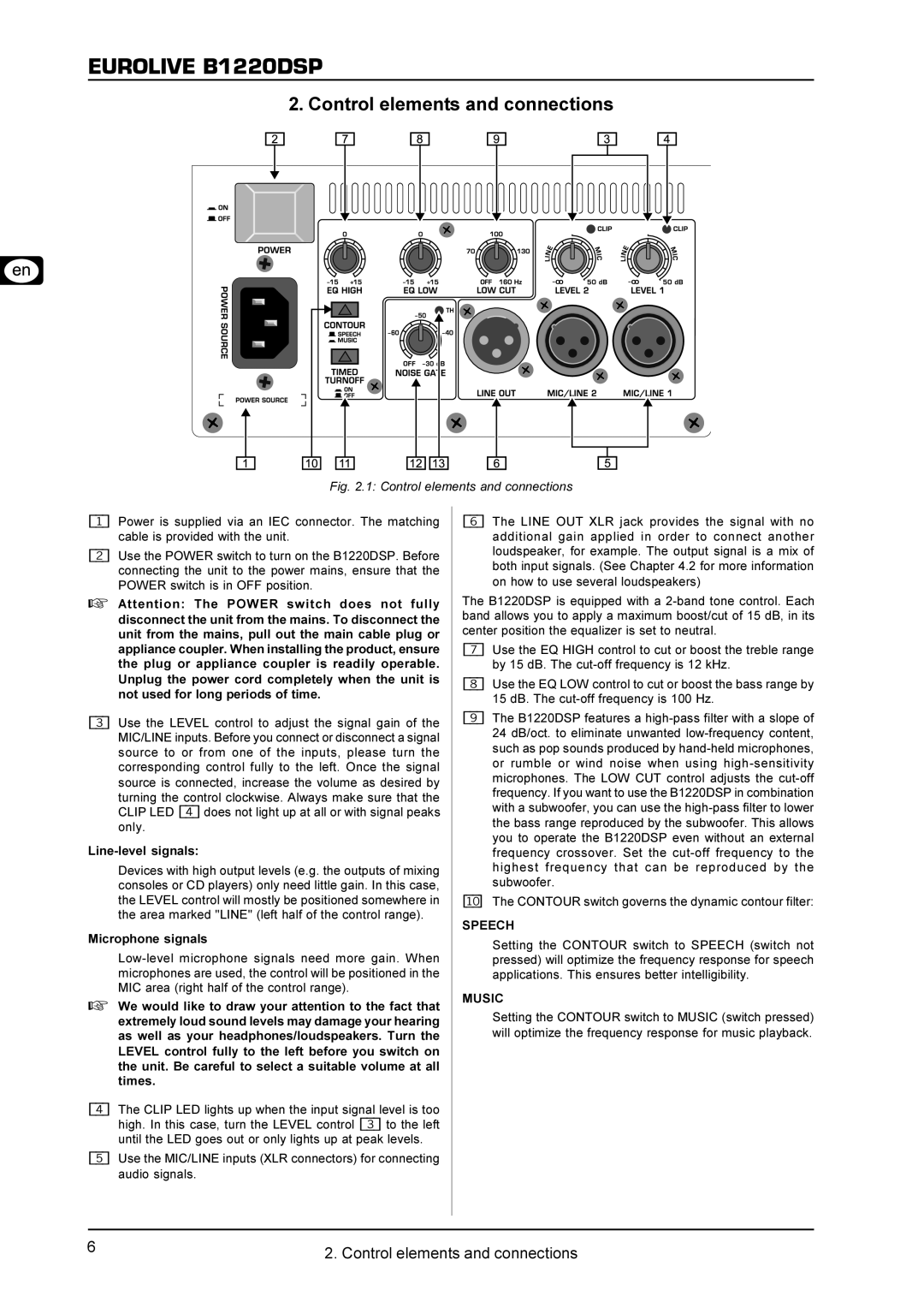 Behringer B1220DSP user manual Control elements and connections, Speech, Music 