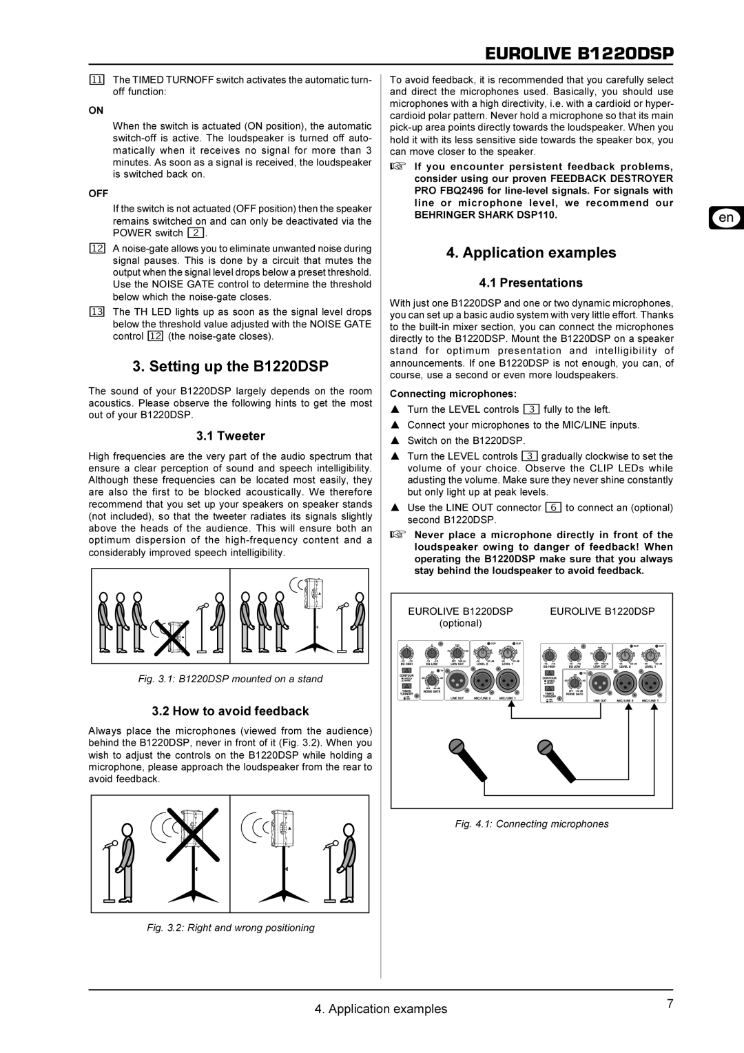 Behringer user manual Setting up the B1220DSP, Application examples 