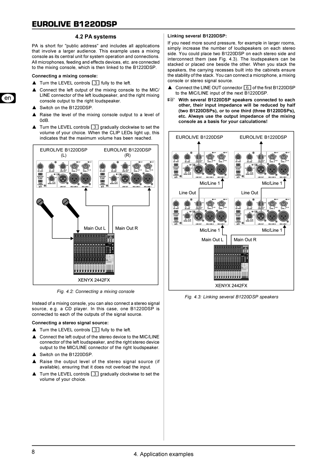 Behringer B1220DSP user manual PA systems, Connecting a mixing console 