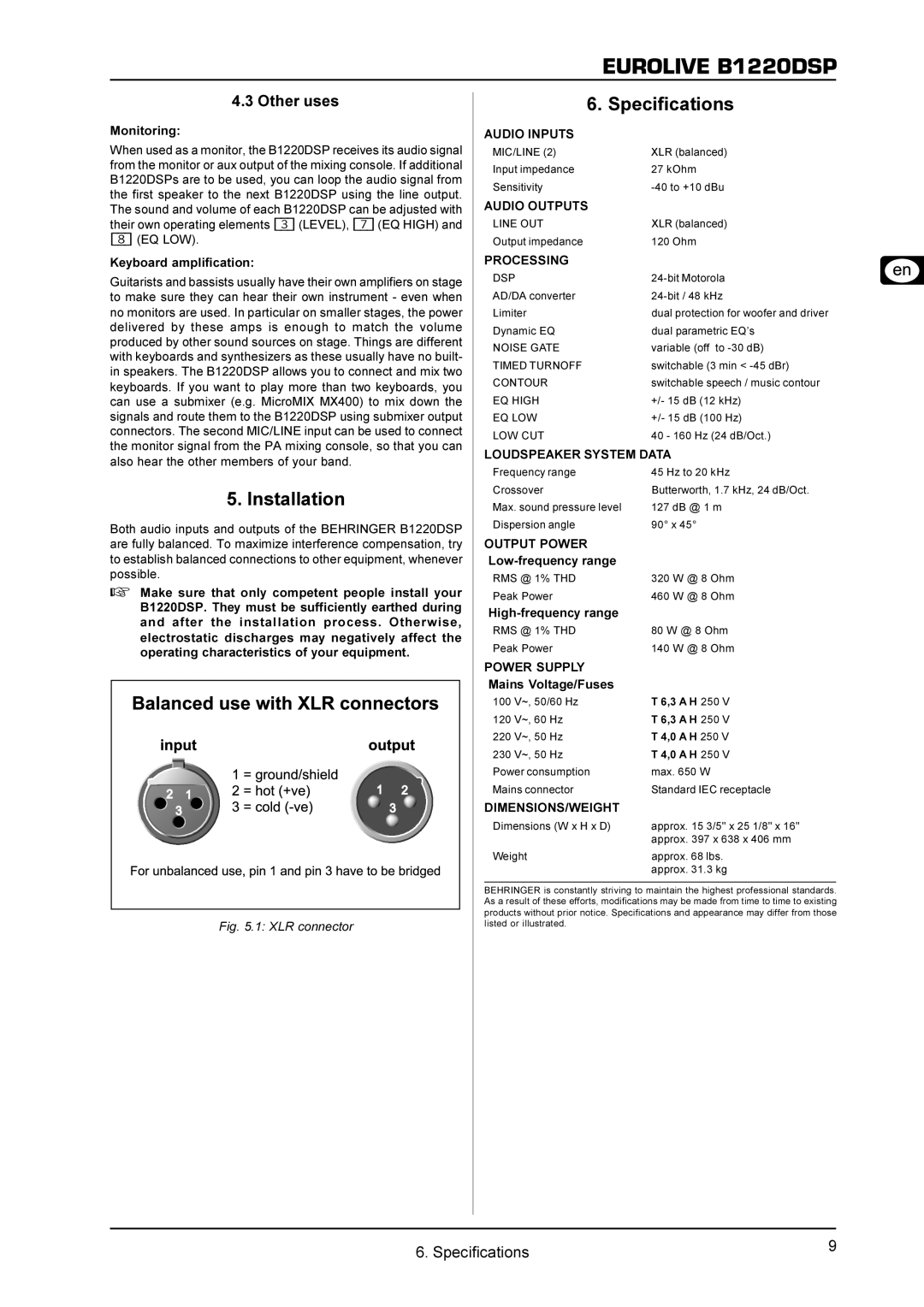 Behringer B1220DSP user manual Installation, Specifications, Other uses 