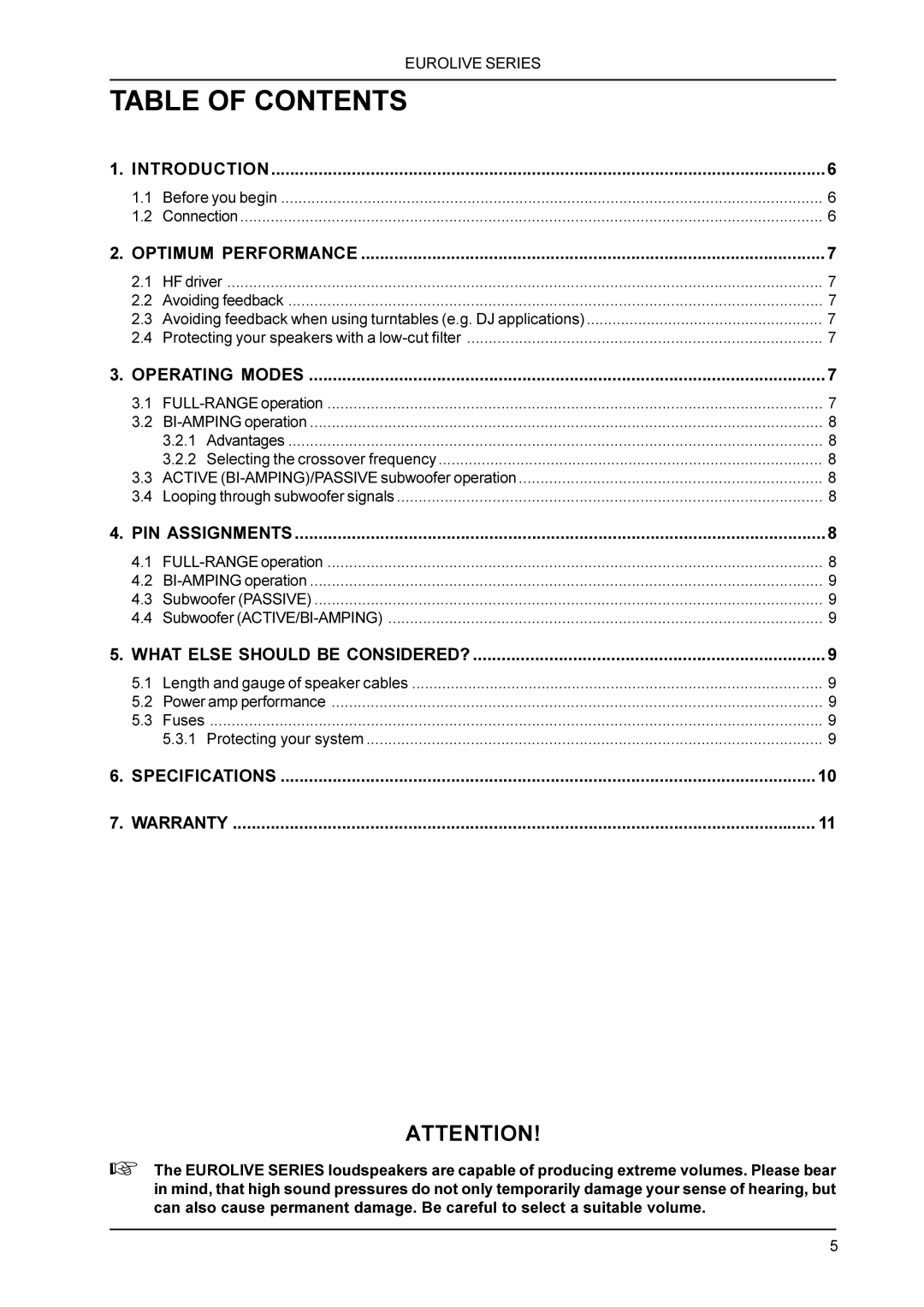 Behringer B1800X, B1500X, B1020 manual Table of Contents 