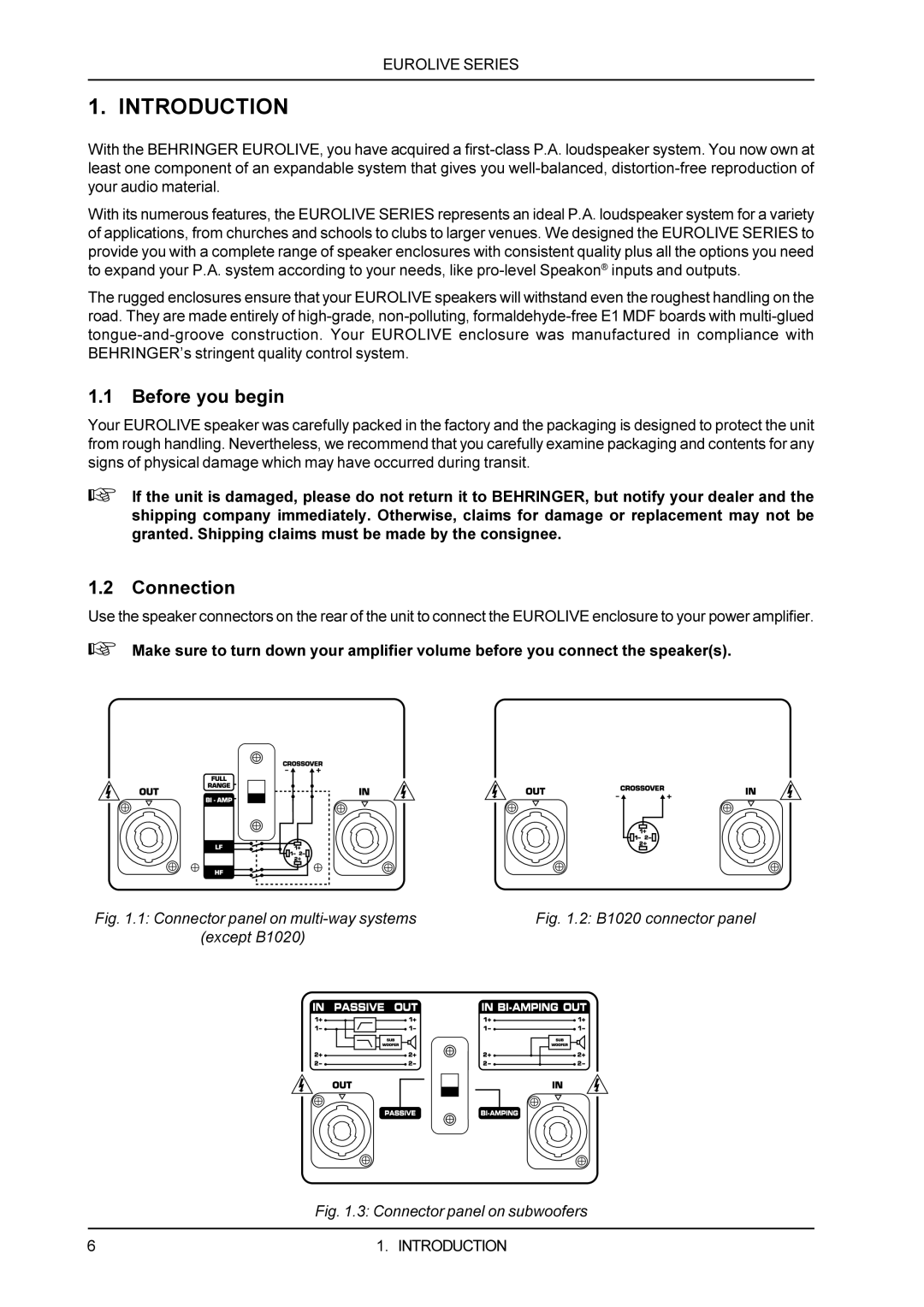 Behringer B1500X, B1020, B1800X manual Introduction, Before you begin, Connection 