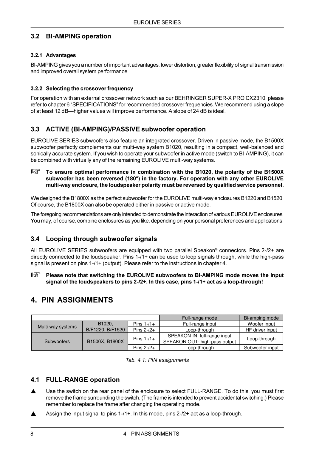 Behringer B1800X, B1500X, B1020 manual PIN Assignments, BI-AMPING operation, Active BI-AMPING/PASSIVE subwoofer operation 