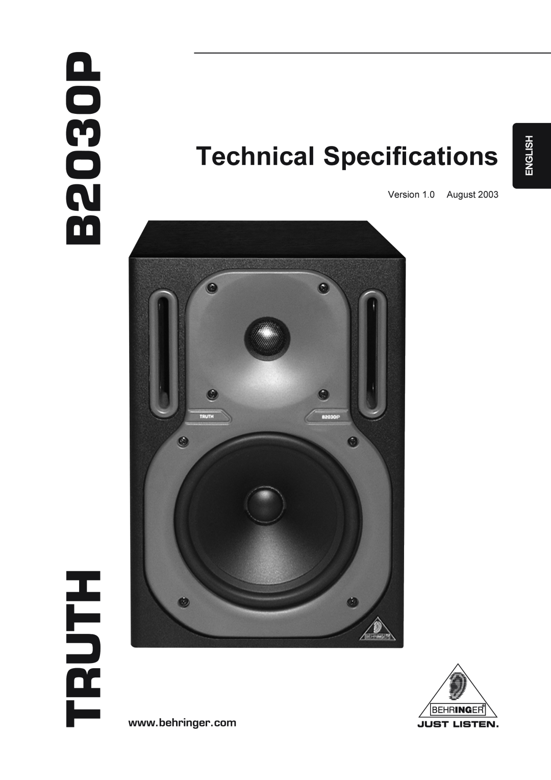 Behringer technical specifications B2030P TRUTH, Technical Specifications, English 