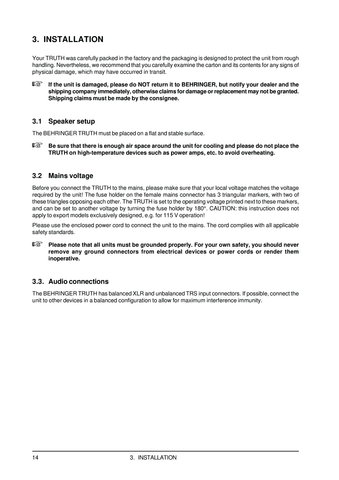 Behringer B2031 user manual Installation, Speaker setup, Mains voltage, Audio connections 