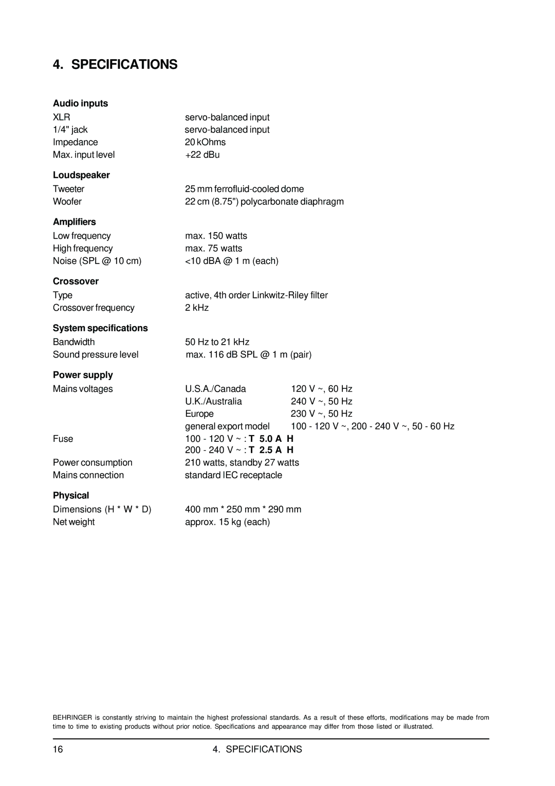 Behringer B2031 user manual Specifications, Power supply 