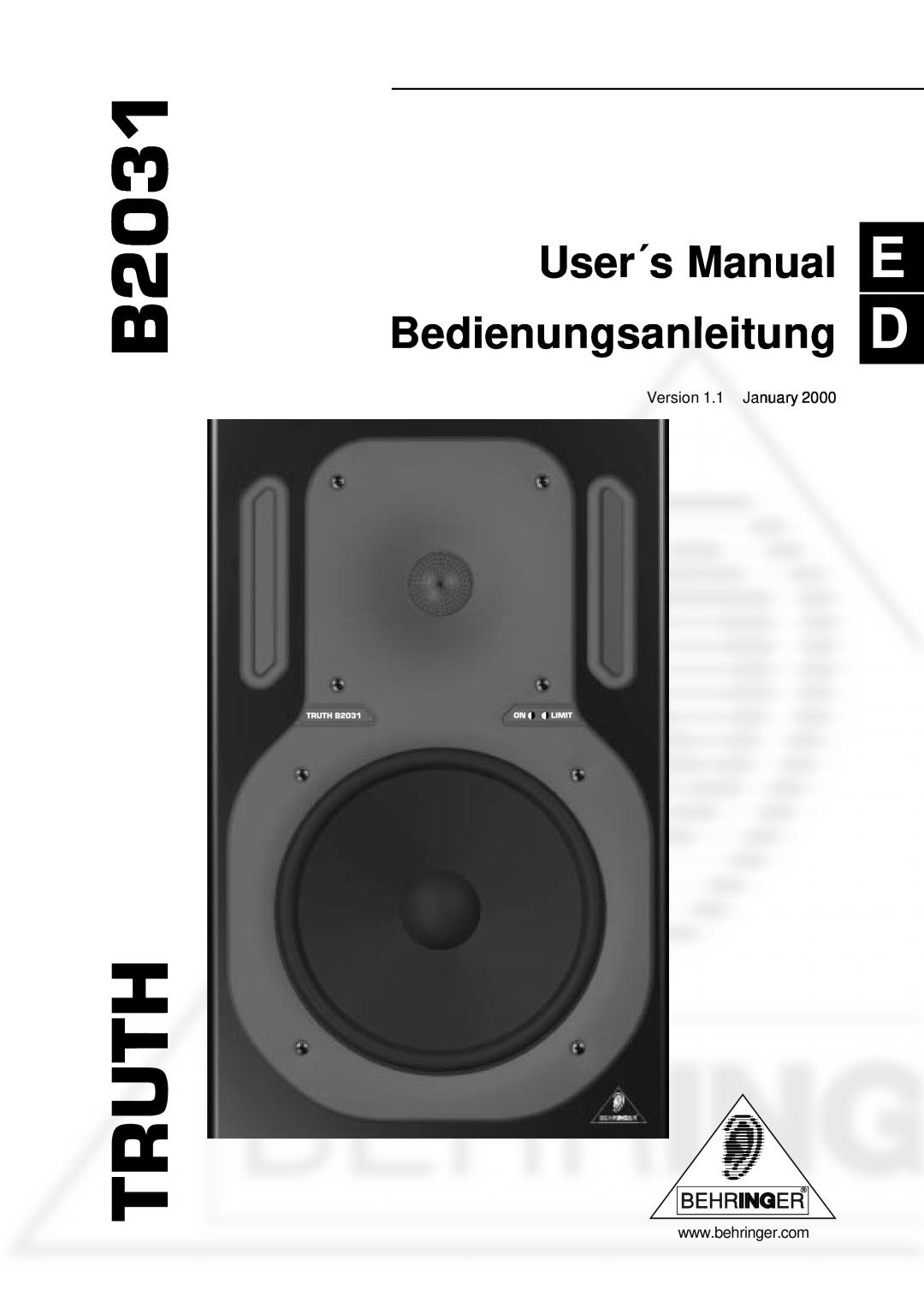 Behringer B2031 user manual Truth, User´s Manual, Bedienungsanleitung 