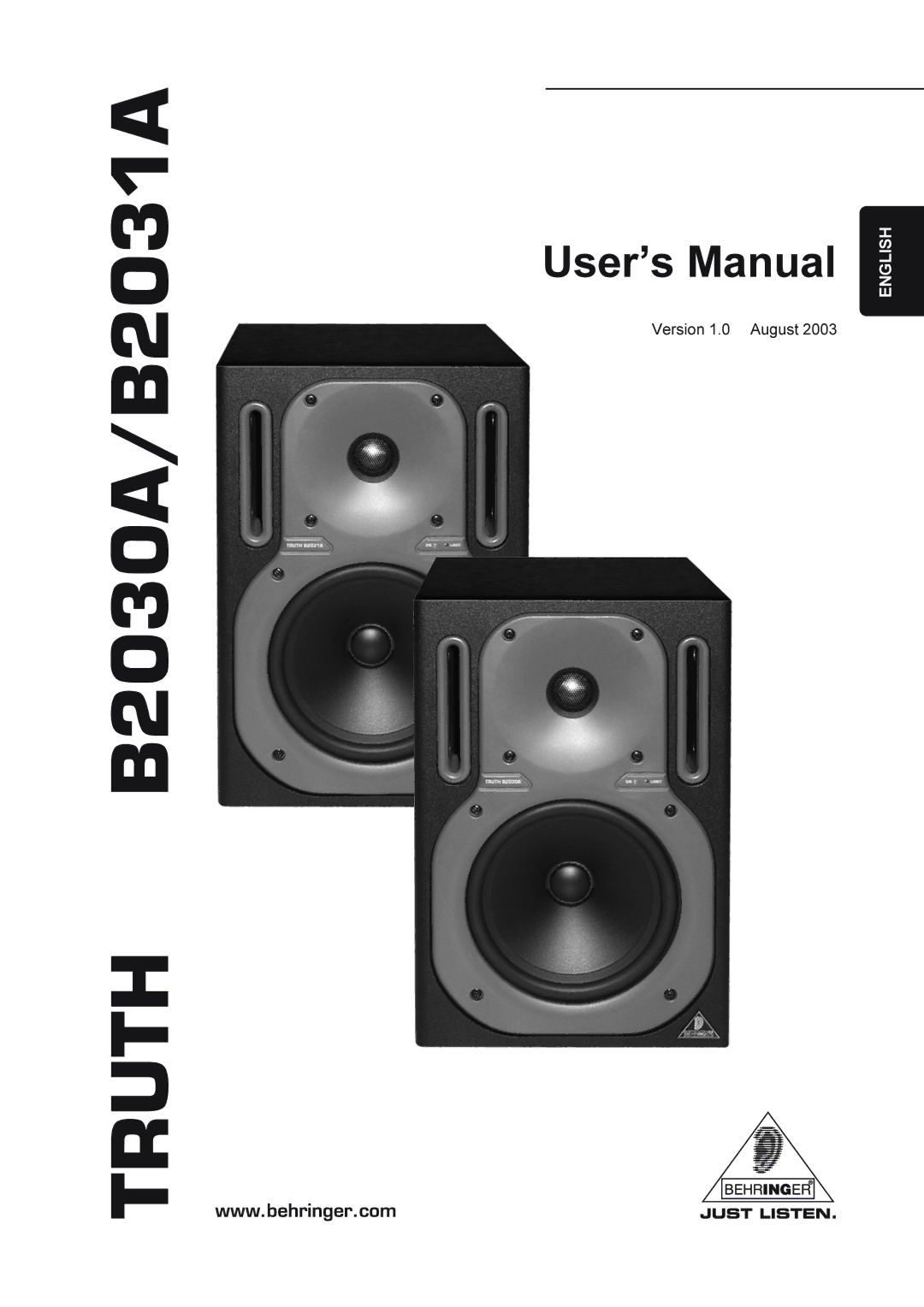 Behringer TRUTHB2030A manual Truth B2030A/B2031A, Version 1.0 August 