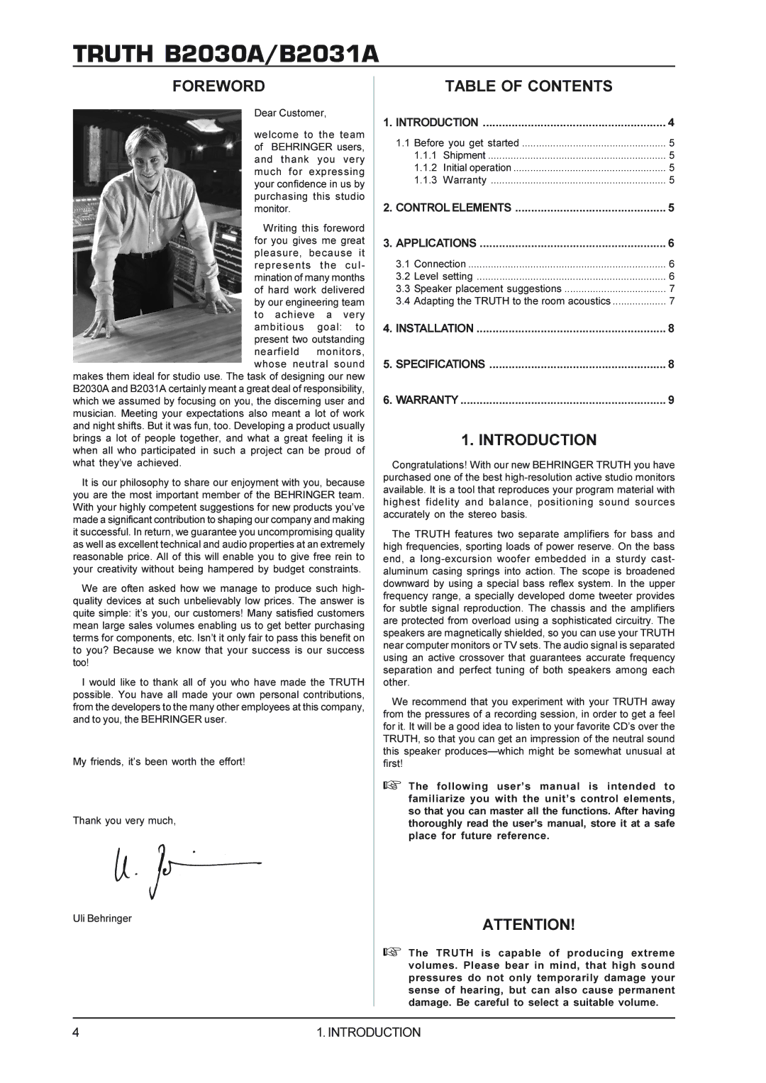 Behringer B2031A, TRUTHB2030A manual Foreword, Table of Contents, Introduction 