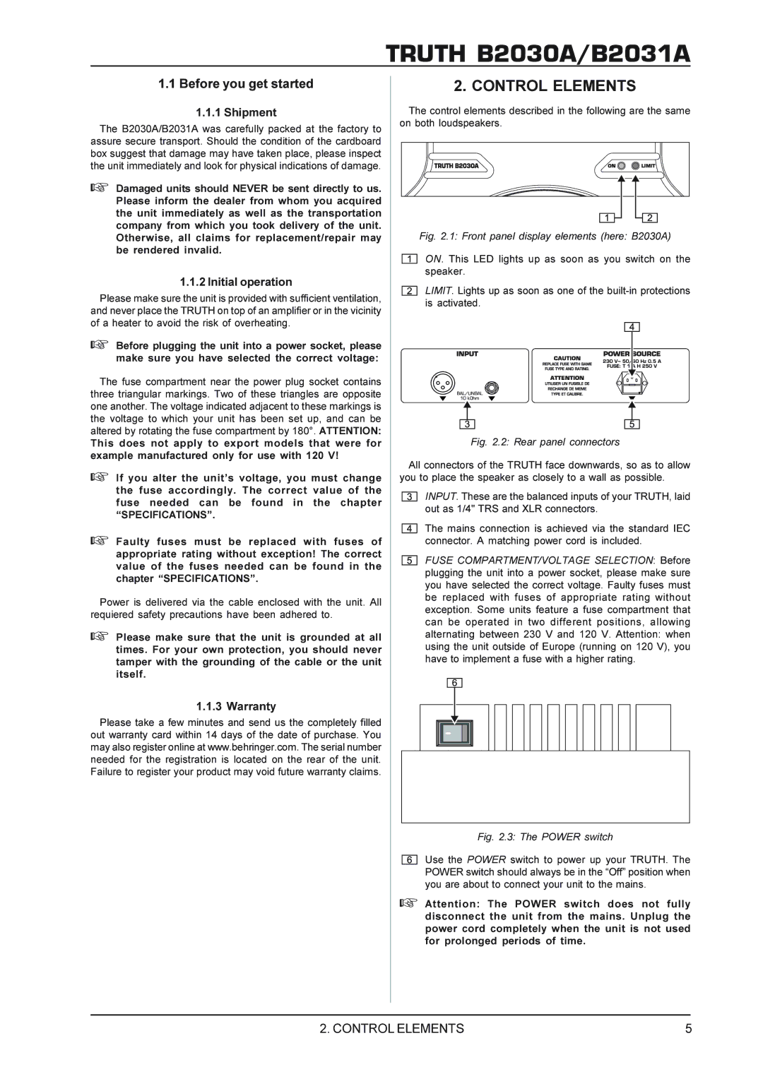 Behringer TRUTHB2030A, B2031A manual Control Elements, Before you get started, Specifications 