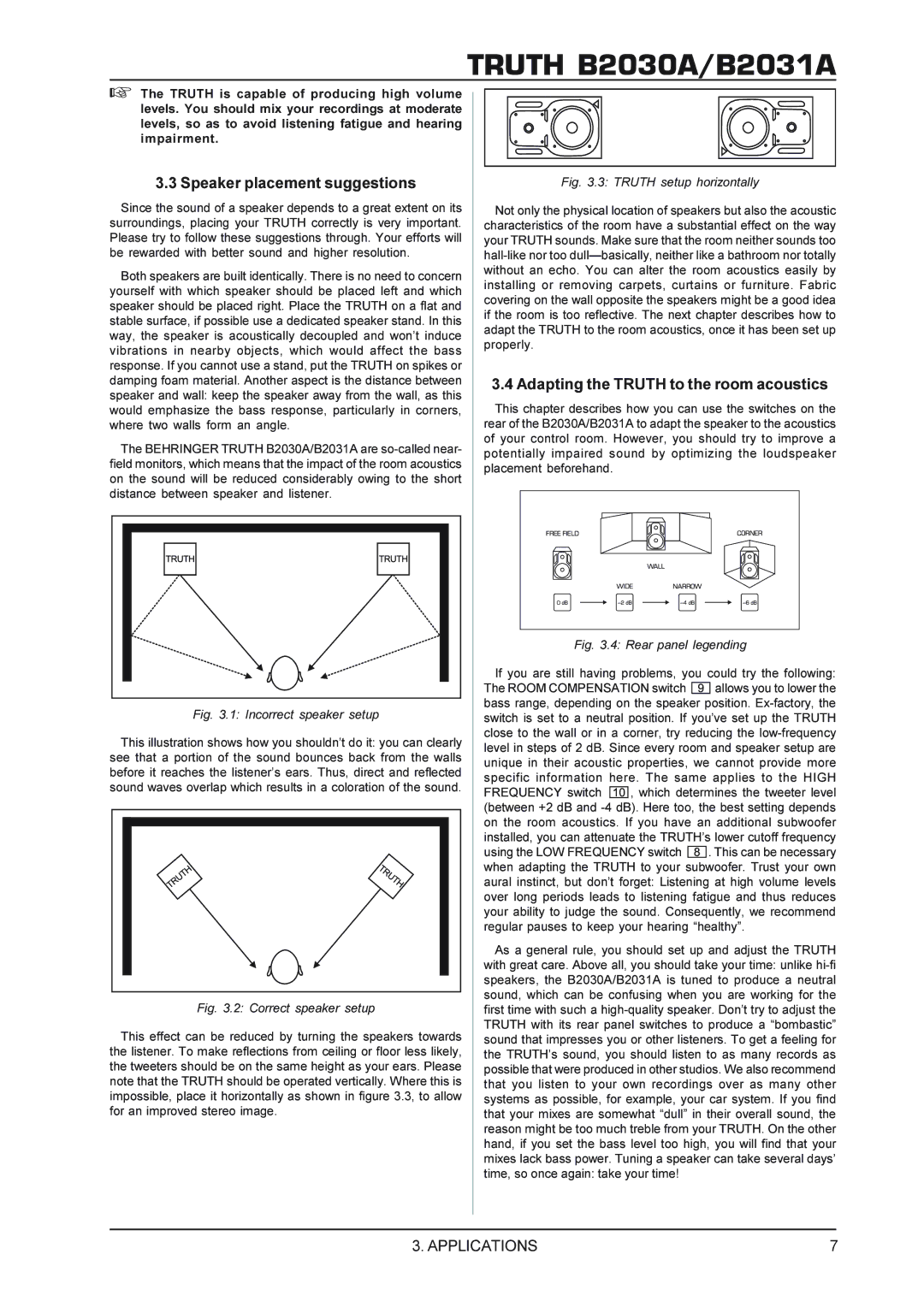 Behringer TRUTHB2030A, B2031A manual Speaker placement suggestions, Adapting the Truth to the room acoustics 