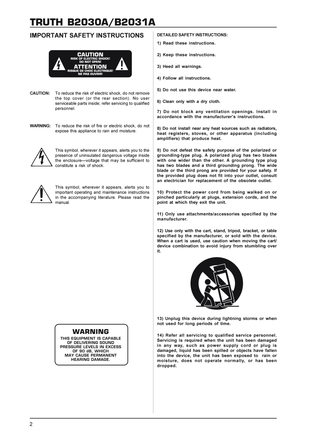 Behringer TRUTHB2030A manual TRUTH B2030A/B2031A, Important Safety Instructions 