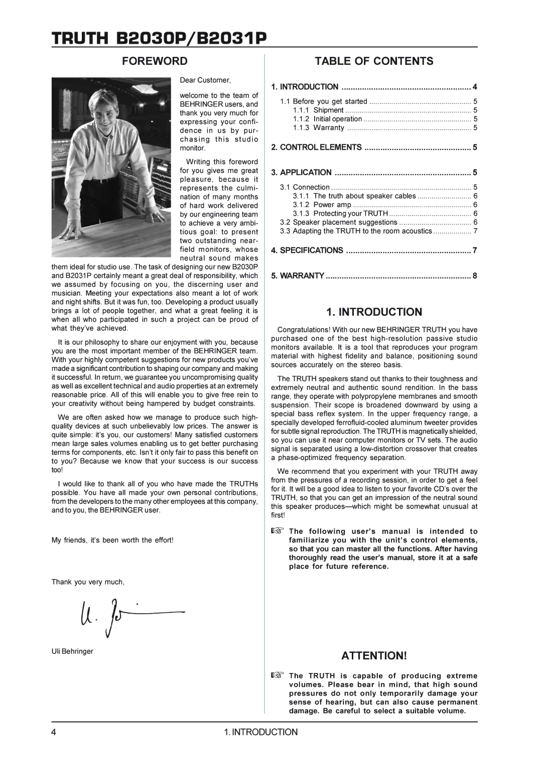 Behringer B2031P manual Foreword, Table of Contents, Introduction 