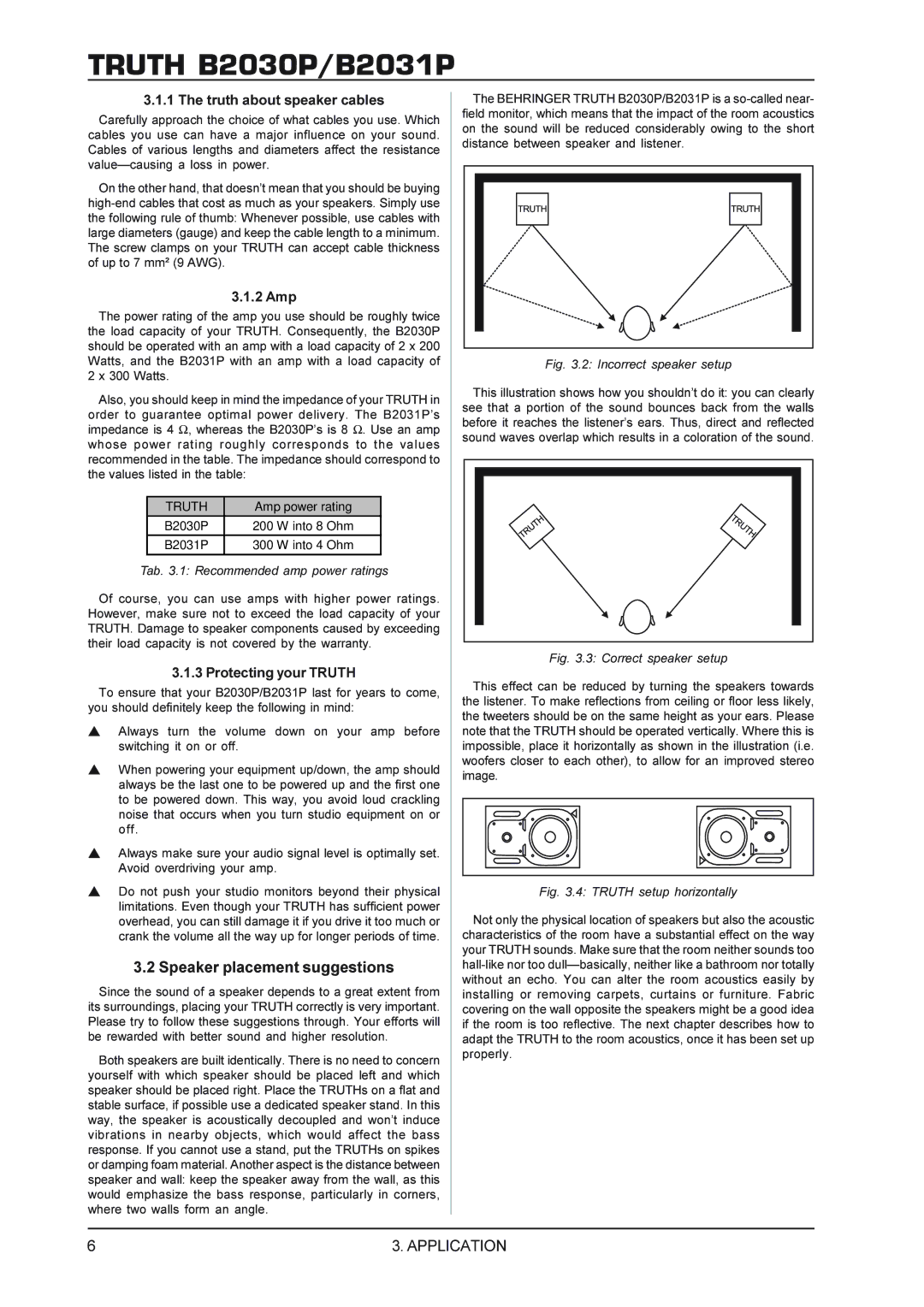 Behringer B2031P manual Speaker placement suggestions, Truth about speaker cables, 2 Amp, Protecting your Truth 