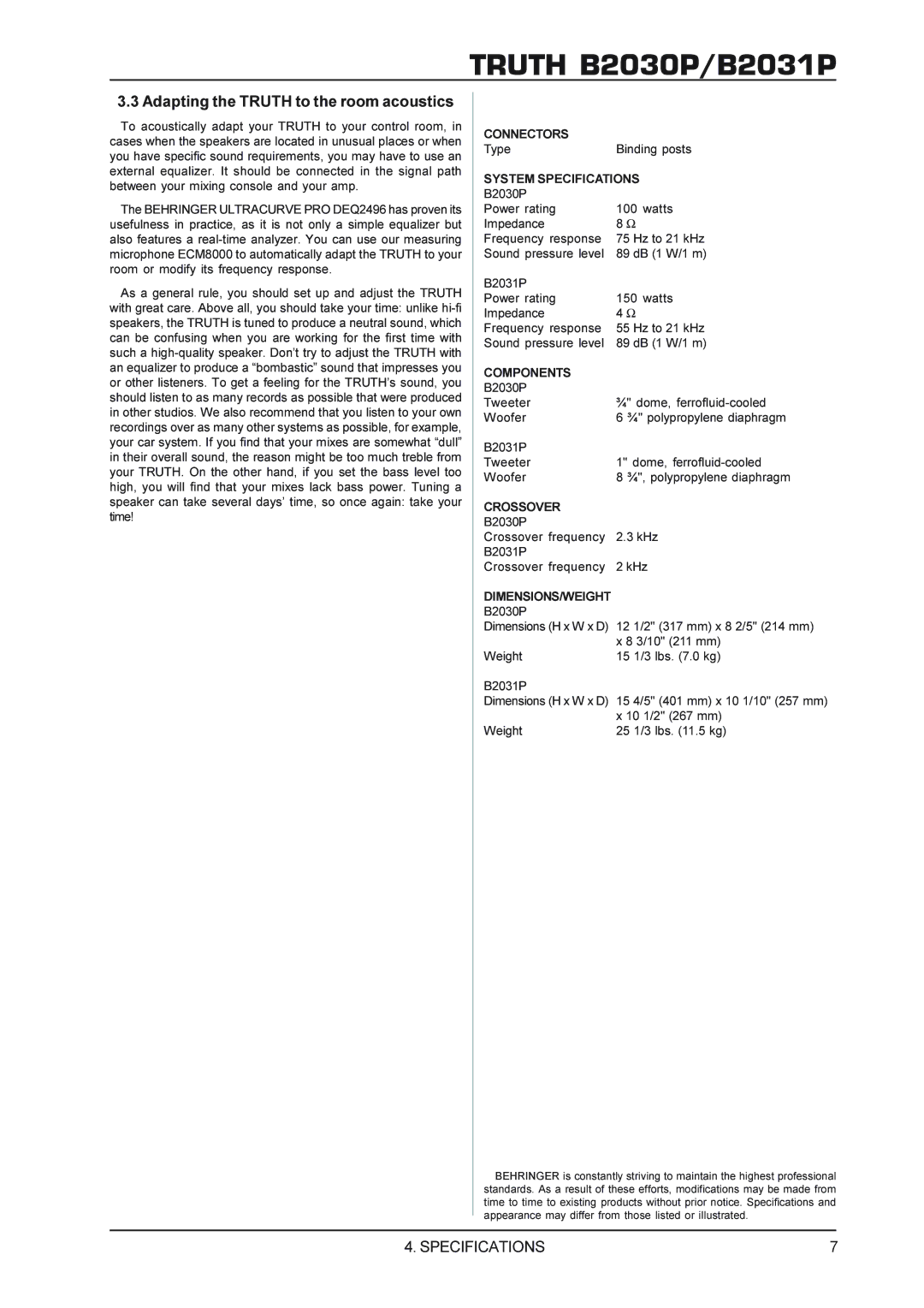 Behringer B2031P manual Specifications, Adapting the Truth to the room acoustics 