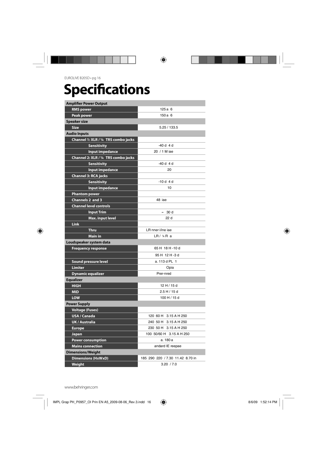 Behringer B205D manual Speciﬁcations, High MID LOW 