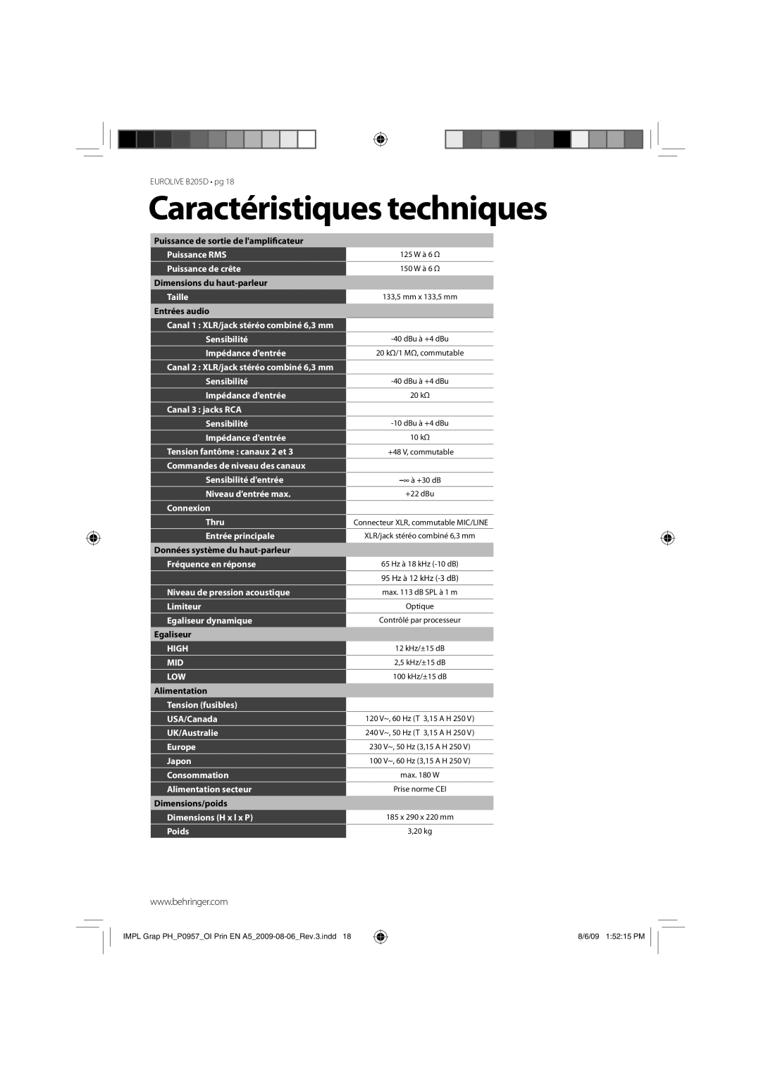 Behringer B205D manual Caractéristiques techniques, Dimensions H x l x P Poids 