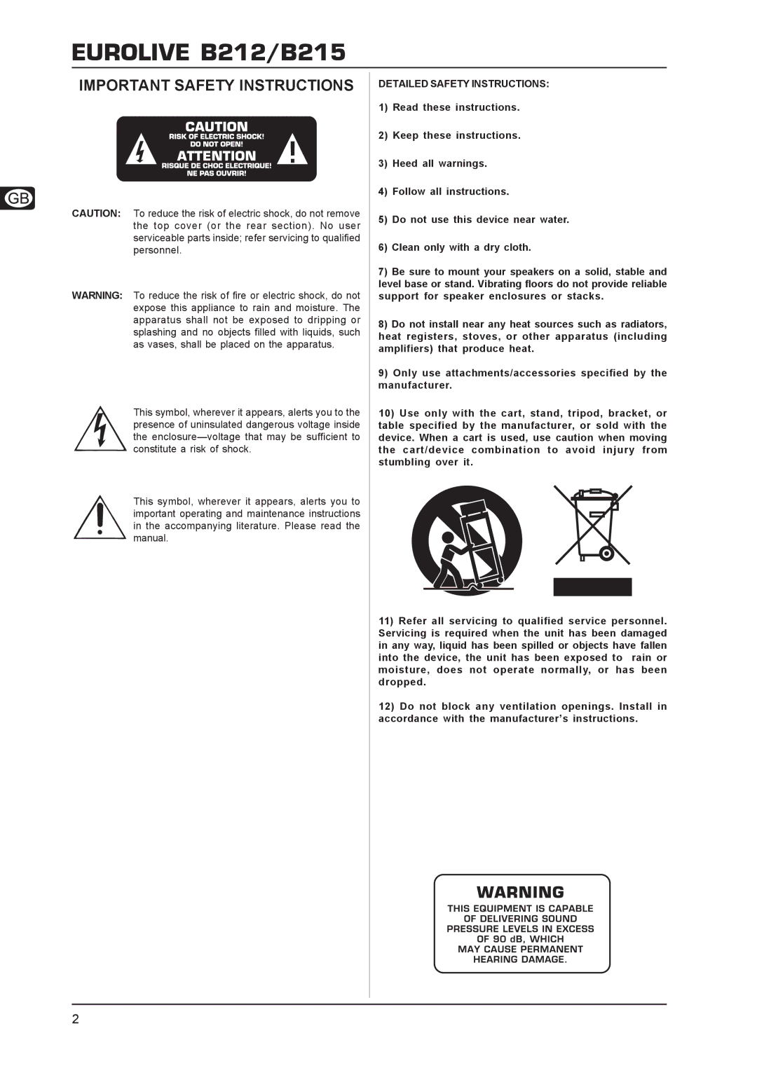 Behringer B212/B215 user manual Important Safety Instructions, Detailed Safety Instructions 