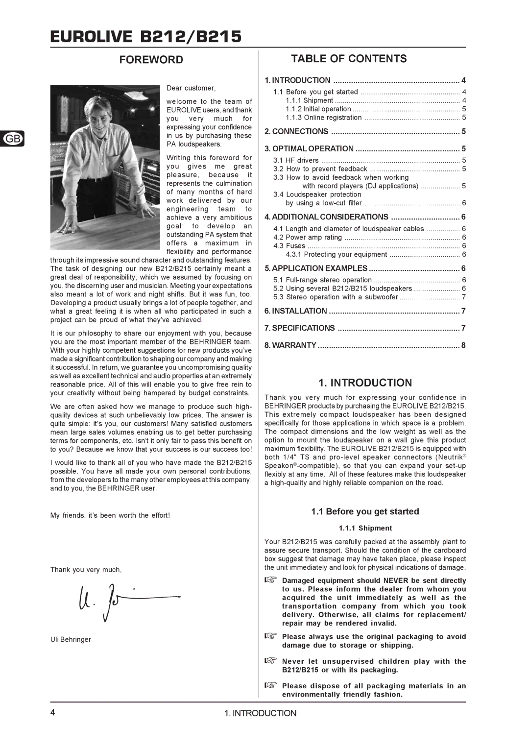 Behringer B212/B215 user manual Foreword, Table of Contents, Introduction 