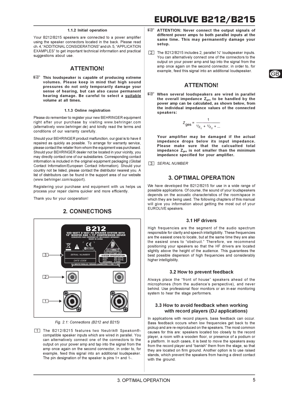 Behringer B212/B215 user manual Connections, Optimal Operation, HF drivers, How to prevent feedback, Initial operation 