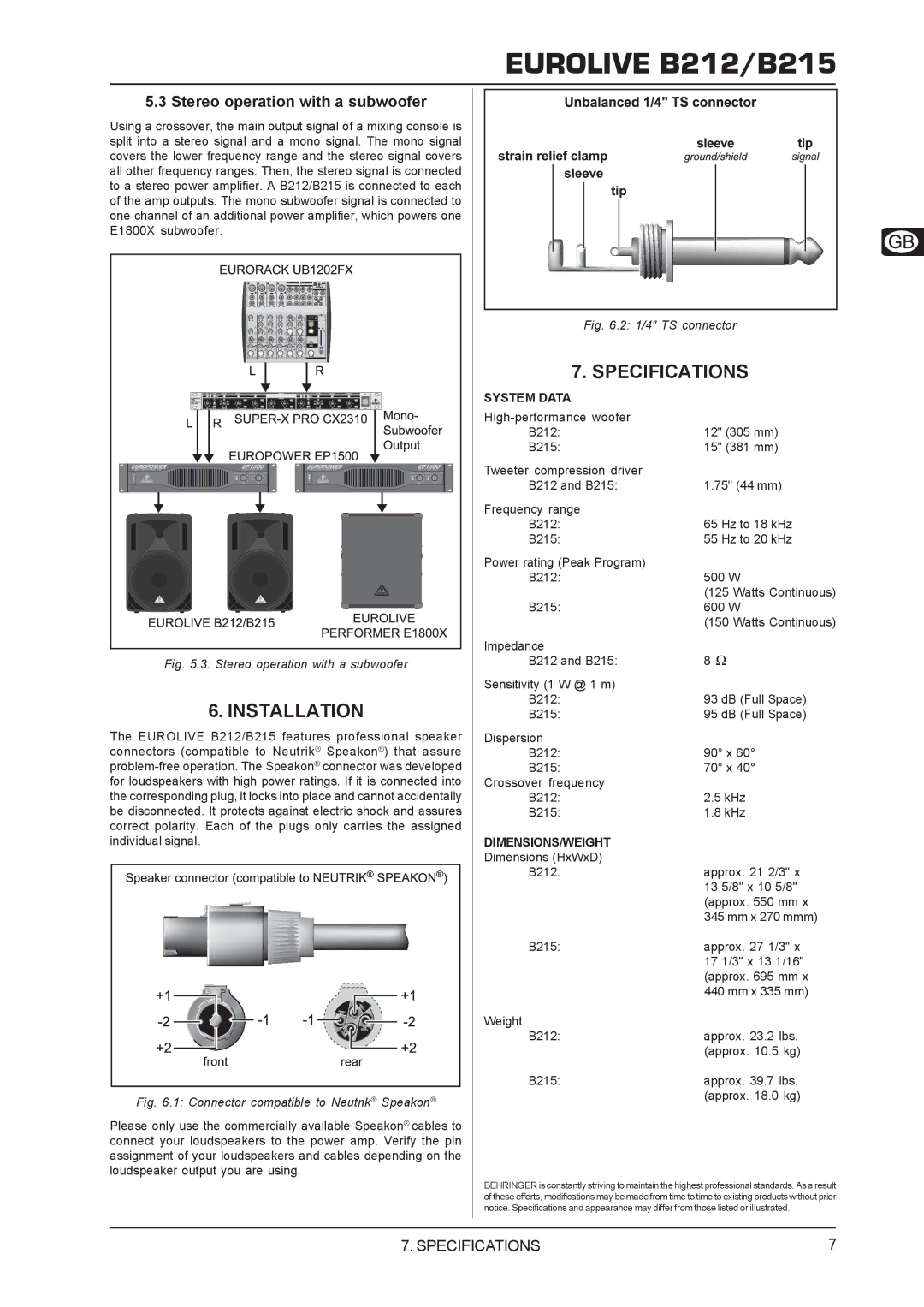 Behringer B212/B215 user manual Installation, Stereo operation with a subwoofer 