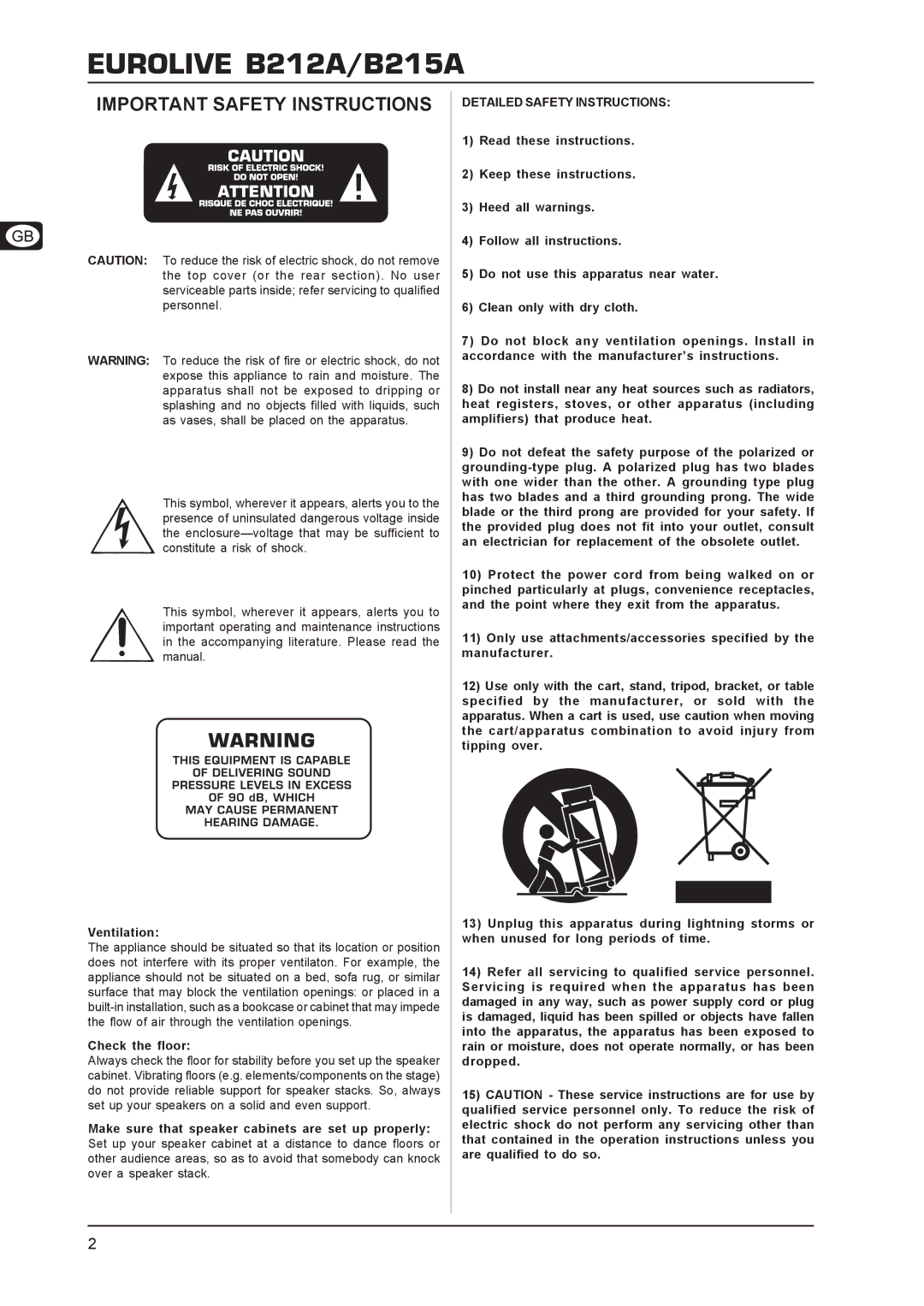 Behringer B215A, B212A user manual Important Safety Instructions, Ventilation, Check the floor, Detailed Safety Instructions 