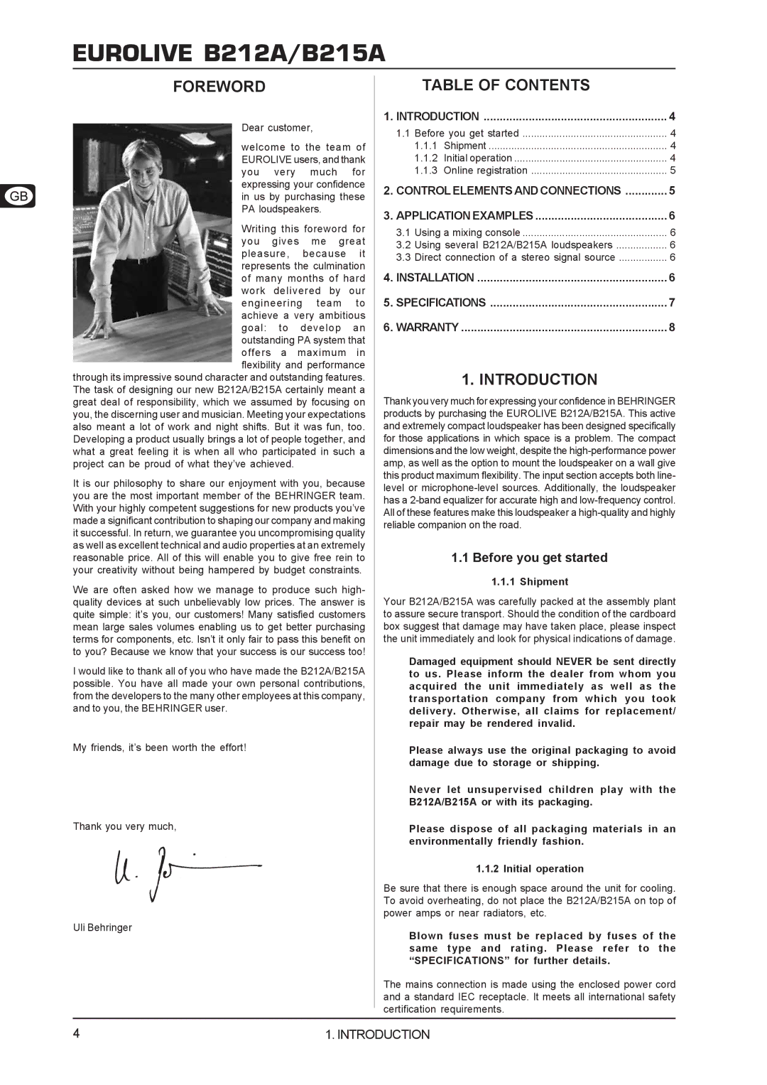 Behringer B215A, B212A user manual Foreword, Table of Contents, Introduction 